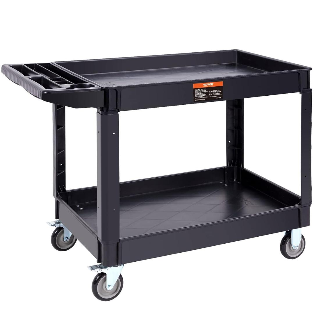 VEVOR Utility Service Cart, 2 Shelf 550LBS Heavy Duty Plastic Rolling Utility Cart with 360 Swivel Wheels (2 with Brakes), Large Lipped Shelf, Ergonomic Storage Handle for Warehouse/Garage/Cleaning 25.59"D x 45.67"W x 33.46"H