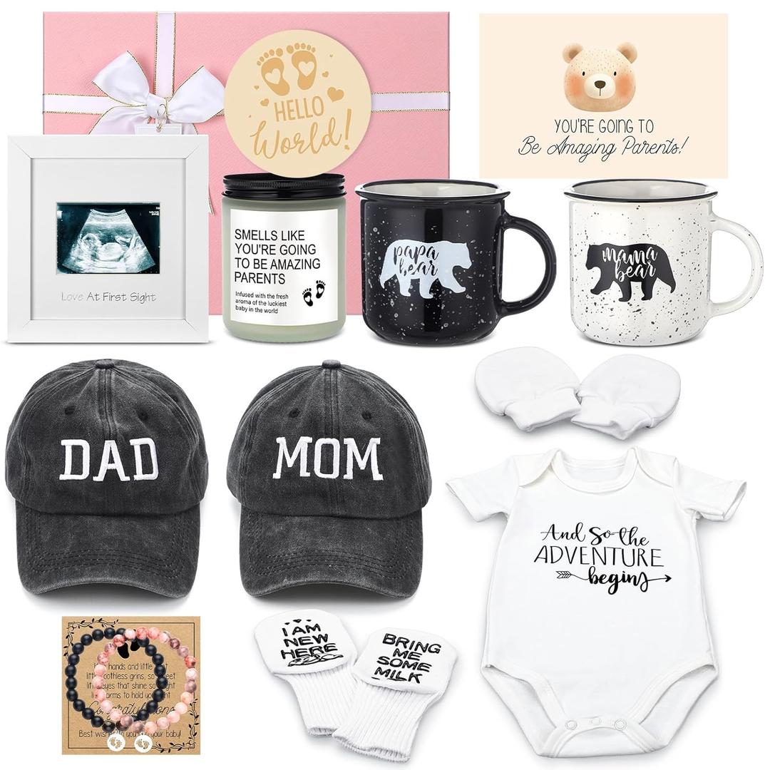 Teenyyou 15 Pcs New Mom Gifts for Women Pregnancy Announcement for New Parents Gender Reveal Gifts Bear Mug Decision Coin Baby Socks Bodysuit Set for First Time Mom Expecting Parents to Be Baby Shower