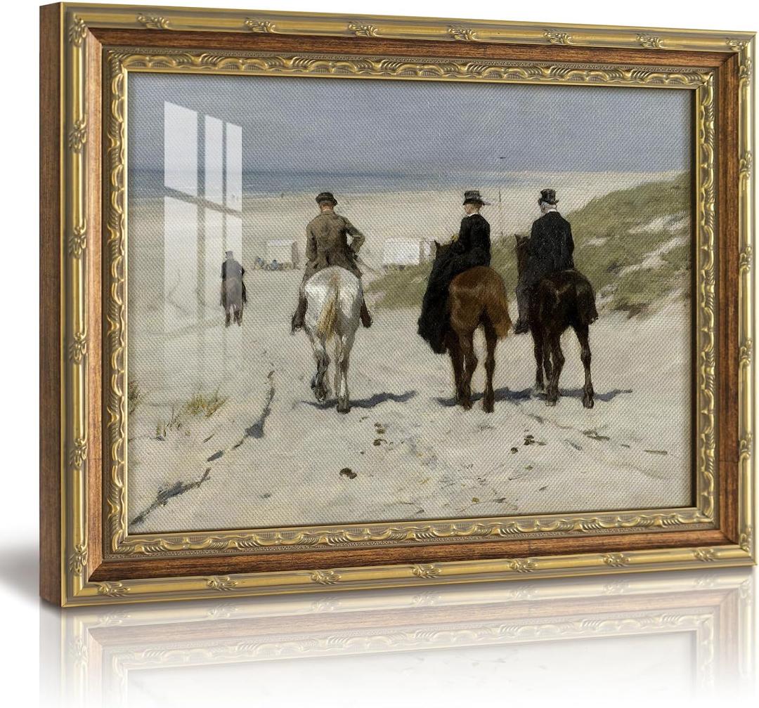 VIYYIEA 13x16 Inch Glass Gold Framed Wall Art, Vintage Beach Horse Riding Coastal Canvas Painting, Impressionist Equestrian Artwork, Home Decor for Living Room Bedroom and Office