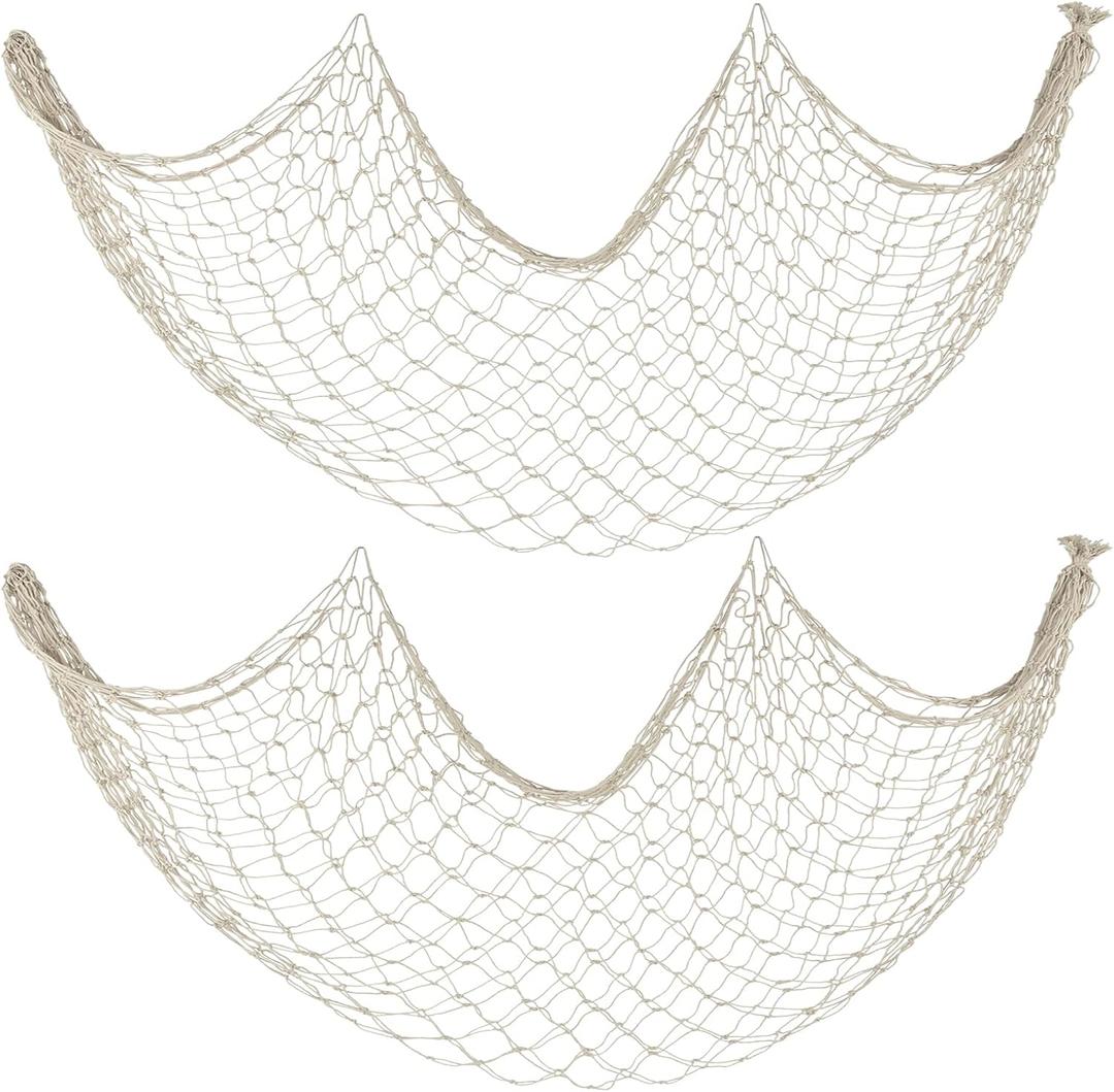 Decorative Fishing Net 2 Pack, 5x10 ft Large Beige Fish Net Decor for Wall, Photo Display, Nautical Mermaid Pirate Ocean Themed Beach Hawaii Under the Sea Party Decorations