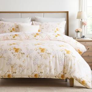 Cozaline 100% Cotton Duvet Cover King Size  Elegent Yellow Floral Duvet Cover Set with Zipper Closure & Corner Ties, 3-Piece Luxury & Silky Soft Bedding Set for All Seasons (Cream)