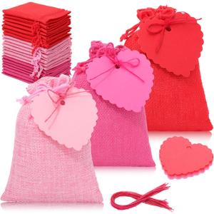 Wesnoy 24 Set Small Valentines Gift Bags with Drawstring Burlap Treat Bag Red Pink Hot Pink Goodie Bags with Heart Tags Jute Rope 4" x 5.5" Sack for Valentines Galentine's Day Wedding Party Favor