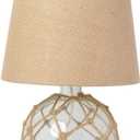 Elegant Designs LT1050-CLR Buoy Rope Nautical Netted Coastal Ocean Sea Glass Table Lamp with Burlap Fabric Shade, Clear