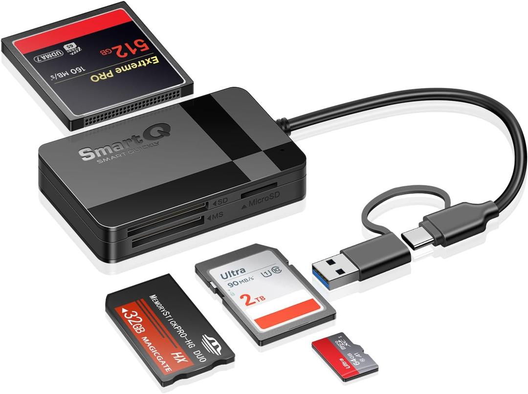 SD Card Reader, Memory Card Reader 4 in 1 USB C USB 3.0 Dual Connector Adapter Simultaneously Read SD MS CF TF Cards Supports Micro SD/Micro, Compatible with Desktops, Tablets, and USB-C Smartphones
