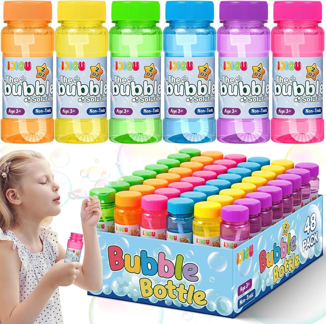 IJIGU Bubble Bottles 48 Pack (2oz), Bubbles for Kids, Bubble Solution with Bulk Wands in 6 Colors as Party Favors for Toddlers 1-3, Summer Outdoor Toy Gift for Boys & Girls