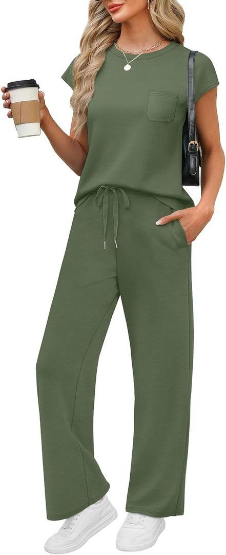 WIHOLL 2 Piece Sets for Women Casual Summer Travel Vacation Outfits Cap Sleeve Lounge Set, Size S