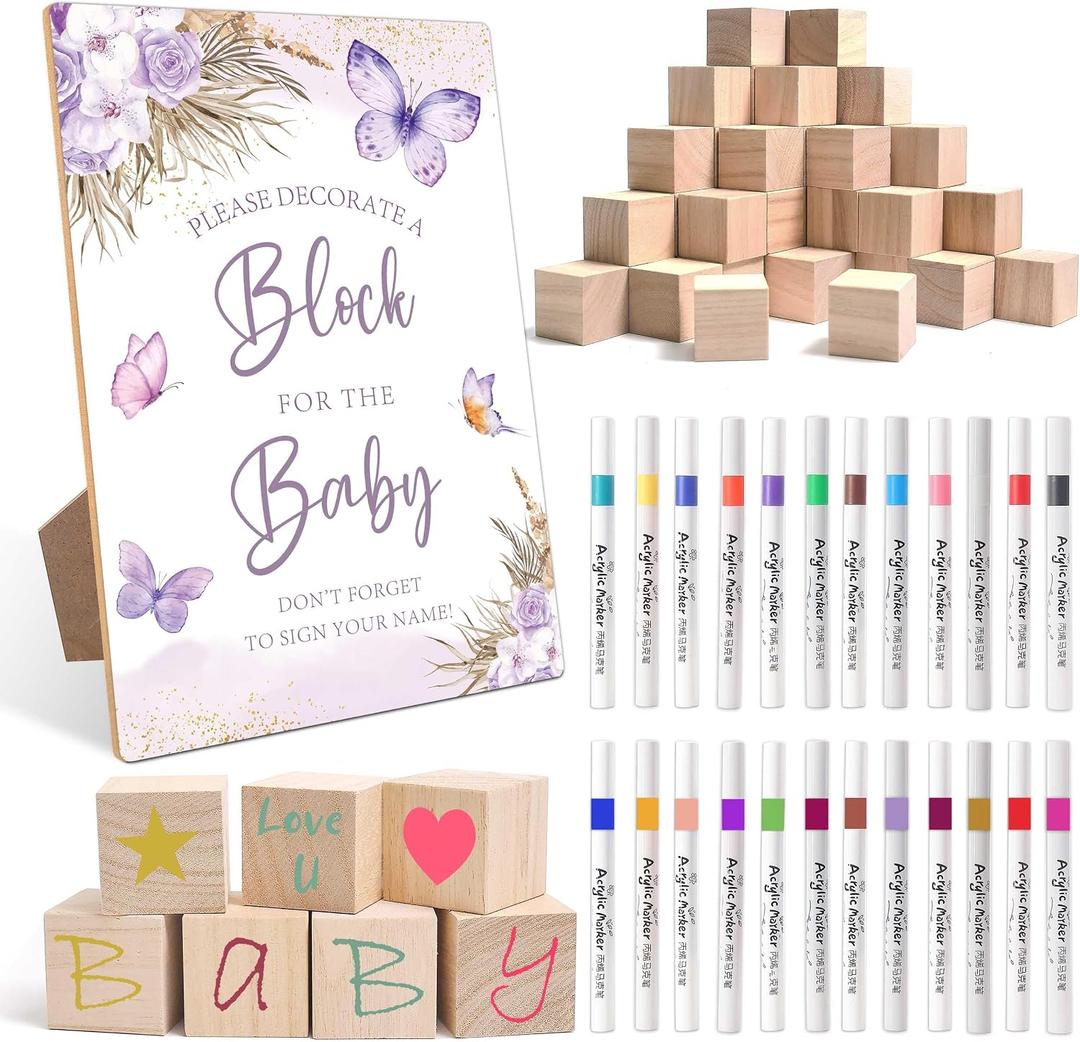 Purple Butterfly Baby Shower Decorate a Block Game Set 79 Pieces,Baby Shower Blocks for Gender Reveal Games, Includes 54 Blank Baby Building Blocks, 24 Watercolor Markers, 1 Baby Shower Game Sign,4