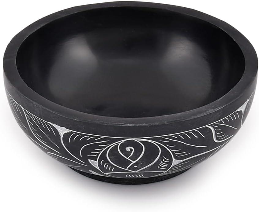 Kaizen Casa Hand Carved Natural Stone Smudge Bowl, White Leaf Design | Size 5' x 2' Black Ritual Bowl Display Jewelry Dish Kitchen Table Decor Gift