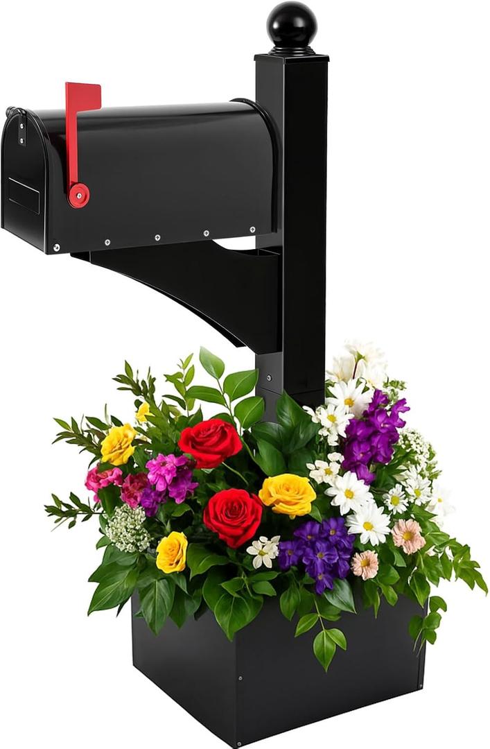 Colingmill Black Iron Mailbox Posts with Mailbox and Planter Box for Outside Decorative Ground Mounting Post 56 Inch / 4.6 ft Tall Heavy Duty Stand for Outdoor Use