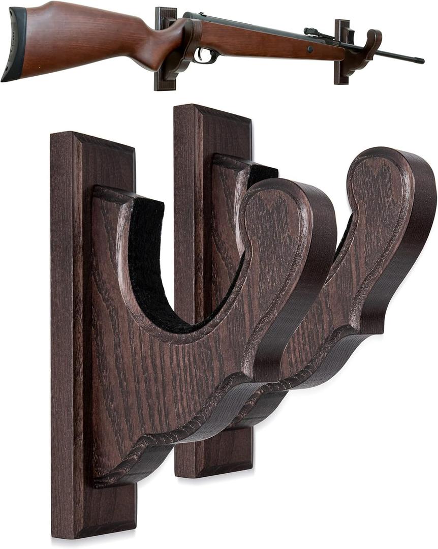 TESLYAR Gun Wall Mount - Figured Rifle Hooks, Wooden Gun Rack for Shotguns, Real Hardwood Holder, Set of 2, Wenge Finish, Gun Hangers for Wall