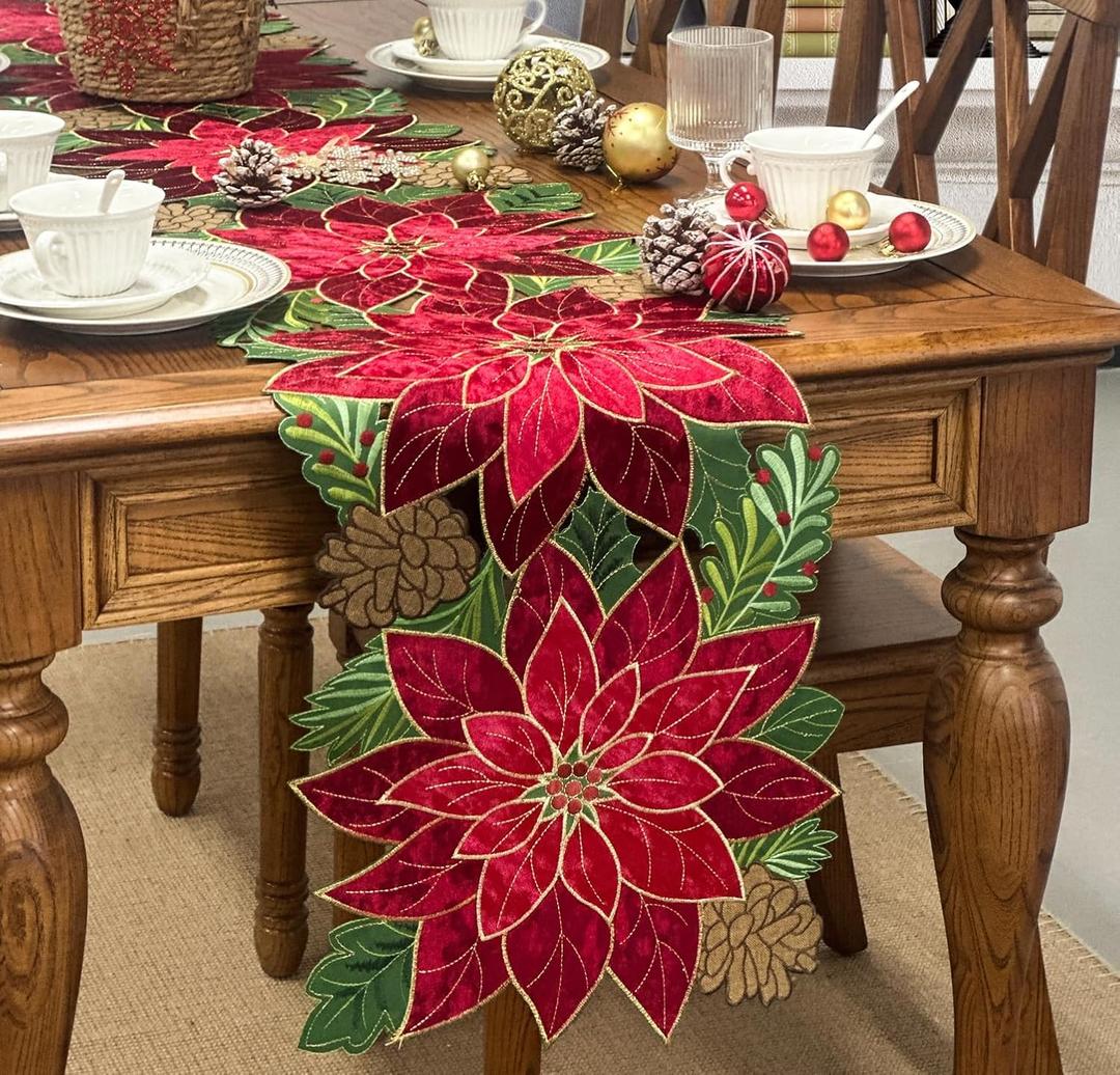 KEVA Holiday Christmas Table Runner 72 inches Long, Embroidered Red Velvet Poinsettia Cutwork Christmas Table Decorations for Home and Kitchen, Red Table Runner 13 Inch x 72Inch