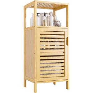 HITNET Bathroom Cabinet Freestanding, Small Bamboo Floor Cabinet, 4 Tier Single Door Sofa Side Table Storage Organizer, Space Saving Kitchen Cupboard, Natural