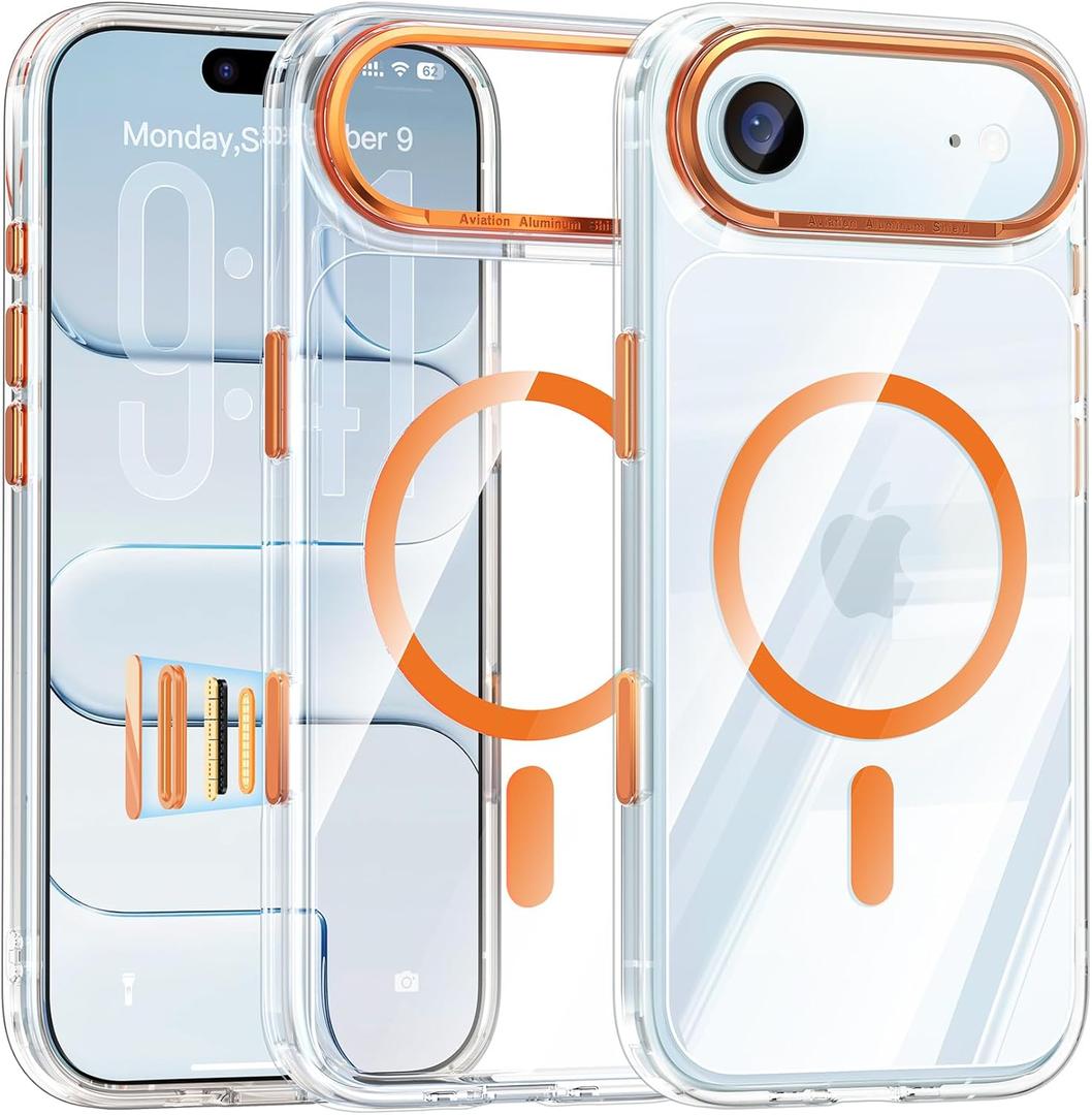 Maledan for iPhone 17 Air Case Clear Orange - Aluminum Camera Frame Magnetic 17 Air Case Fit for Mag Safe, Camera Control, Slim Transparent Shockproof Bumper Phone Cover for Apple iPhone 17 Air