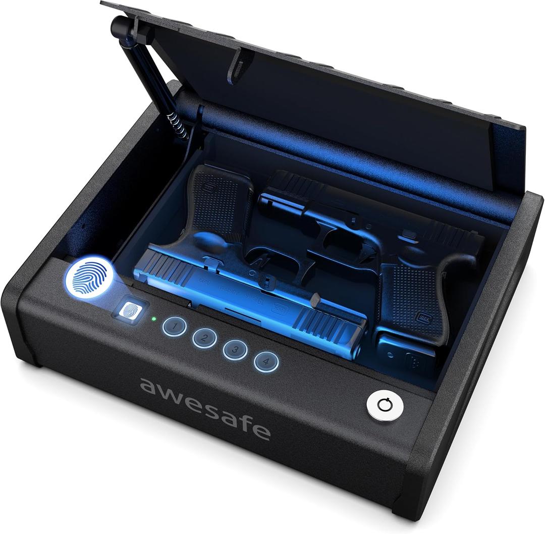 awesafe Biometric Gun Safe for Pistol, 3 Ways Quick Access Handgun Safe with Fingerprint Digital PIN Key, Portable Car Gun Safe, Gun Lock Box with Gas Strut for Nightstand Bedside Cloakroom LivingRoom