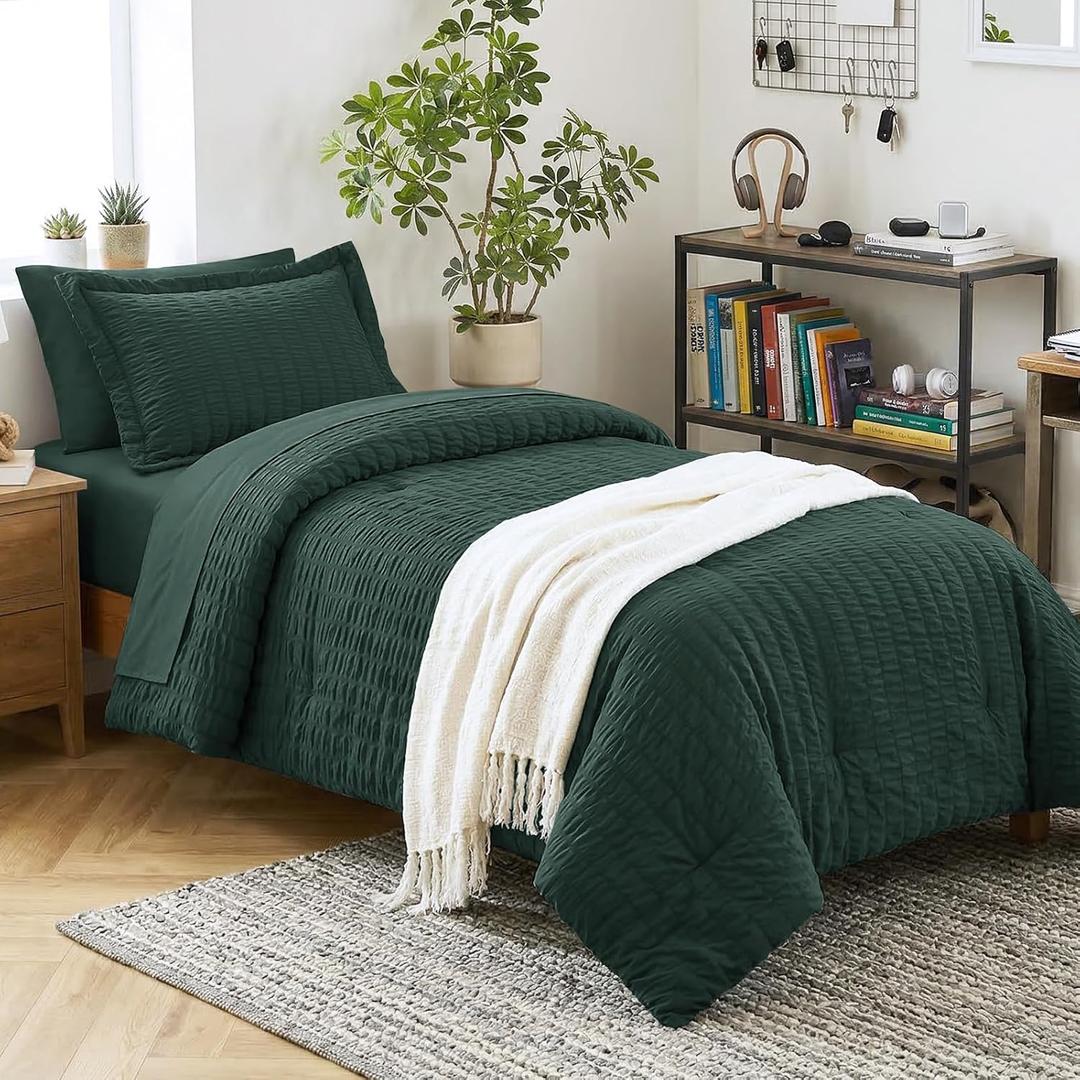 CozyLux Twin Comforter Set with Sheets 5 Pieces, Forest Green Seersucker Luxury Textured Bed in a Bag, All Seasons Soft Bedroom Bedding Sets with Down Alternative Comforter, Sheets, Pillowcase & Sham