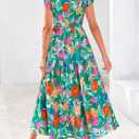 PRETTYGARDEN Women's 2026 Summer Floral Midi Dress Cap Sleeve V Neck Ruffle Long Flowy Boho Casual Beach Vacation Dresses (S)