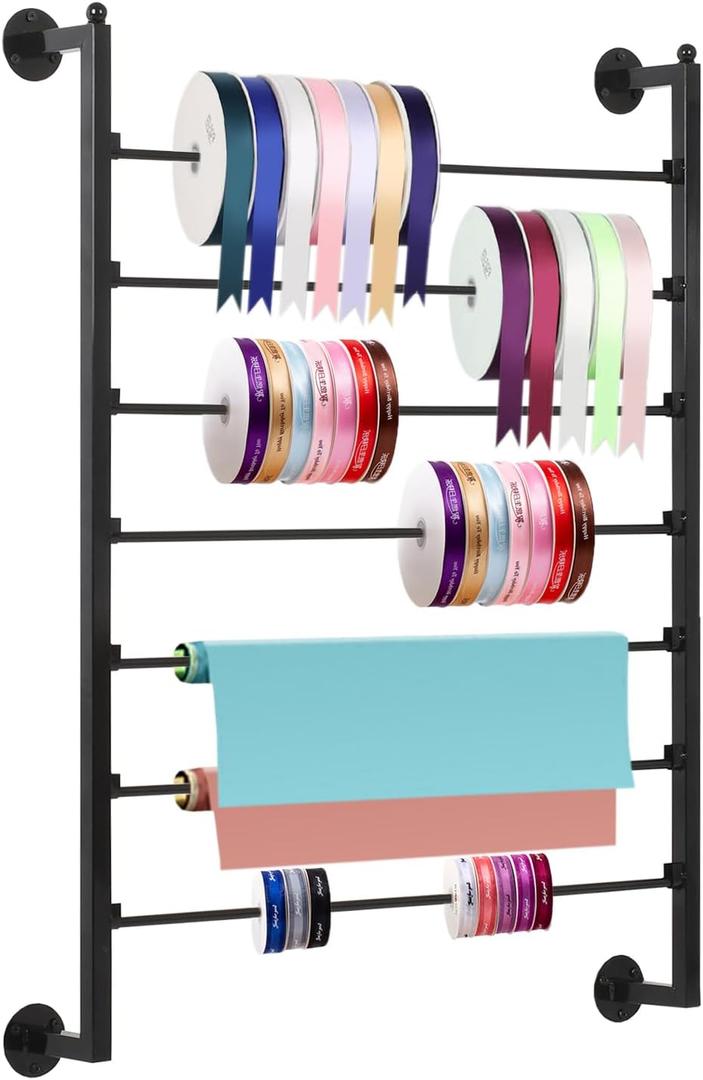 Yonynise Ribbon Storage Organizer,31.5-inch Width Wall Mounted Ribbon Holder Rack,7 Tier Large Capacity Metal Ribbon Storage for Craft Room,Flower Shop,Cake Shop,Gift Wrapping Paper,Black