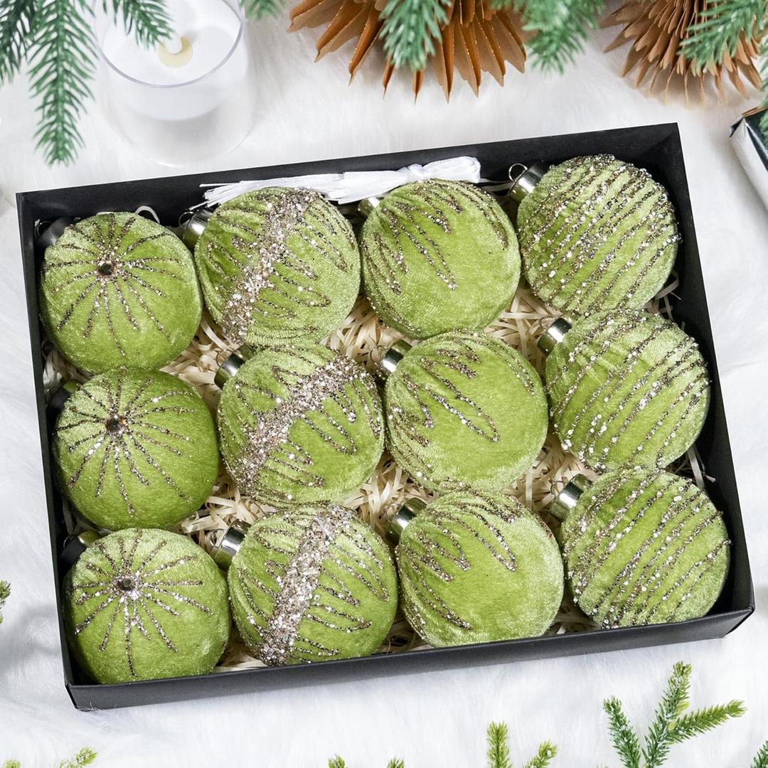 3.15 Inch Velvet Christmas Tree Ornaments12 Pcs Christmas Balls Bulk Set with Golden Hand-Painted PatternPlastic Shatterproof Xmas Hanging Ornaments Decorations for Tree Garland(Olive Green)