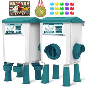 Chicken Feeder and Waterer Set - 3 Gallon/26.5 Pounds, Automatic Chicken Waterer with 4 Cups & 3 Feeder Ports, No Waste Poultry Feeder & Waterer, Chicken Coop Accessories for Hens/Ducks/Poultry (Blue)