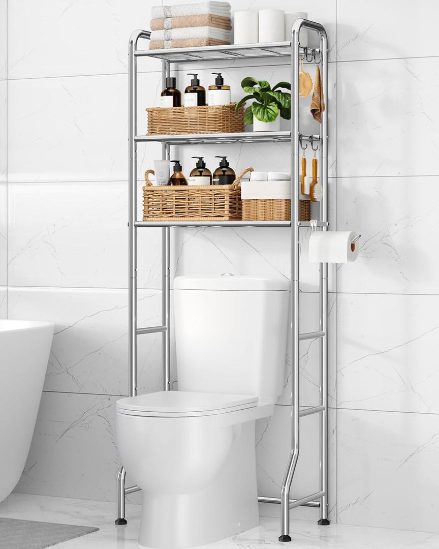 Kitsure Over Toilet Storage Rack - Metal Over Toilet Bathroom Organizer Shelf, Over The Toilet Storage Cabinet with Paper Holder and Hooks, Bathroom Cabinet for Laundry, Silver, 3 Tiers (63.2" H)