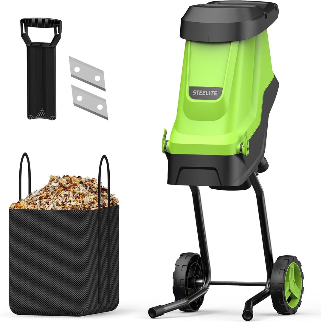 STEELITE 15-Amp Electric Wood Chipper with 1.8" Cutting Diameters, 45L Collection Bag Chipper Shredder, Mulcher with Max 15:1 Reduction, Easy-Cleanup Dual Steel Blades Ideal for Branches, Twigs