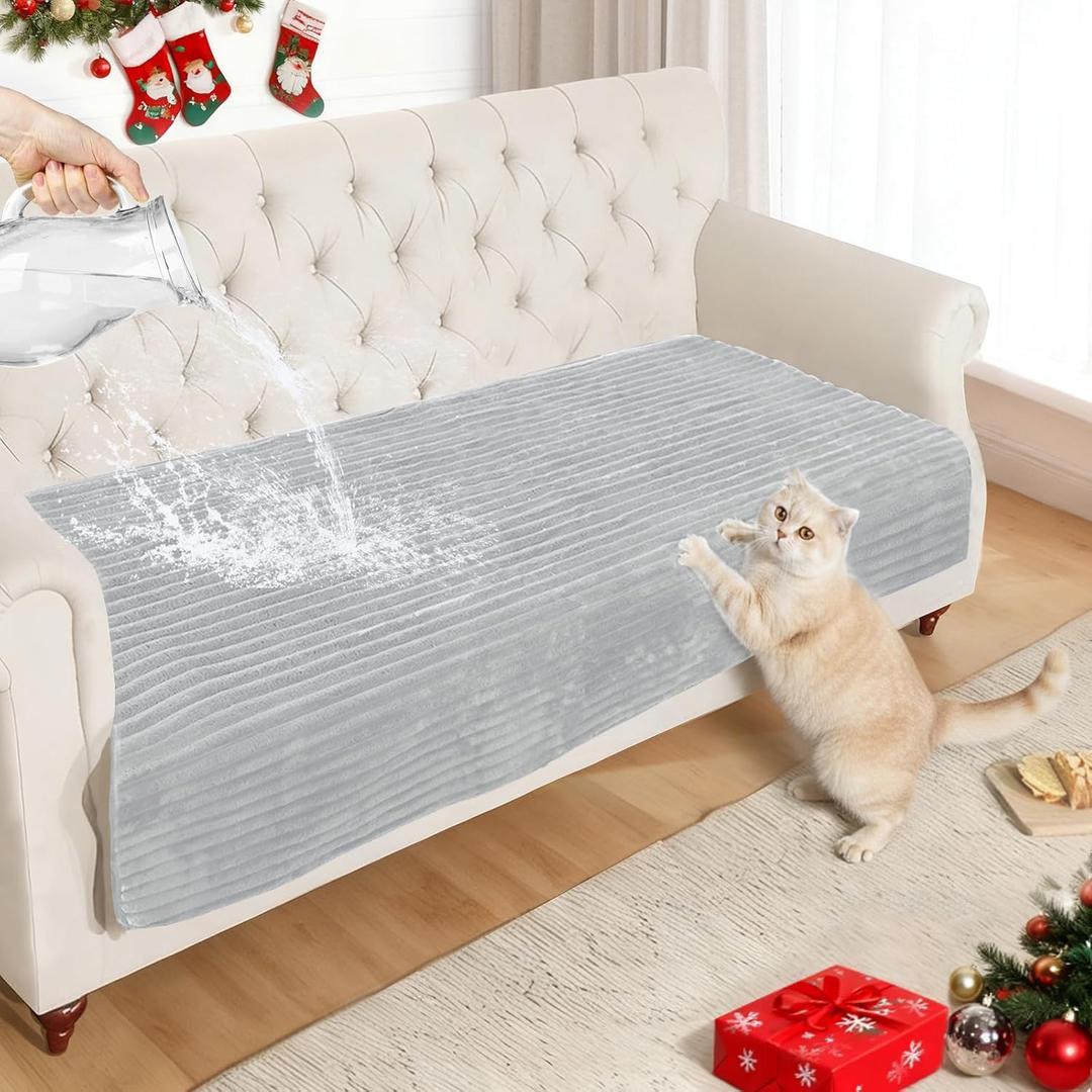 NAISI Couch Covers for Dogs Waterproof Flannel Striped Sofa Cover Pet Friendly Washable Dog Mat for Couch Anti Slip Sectional Sofa Slipcover Protector(1pc/35"x 70",Light Grey)