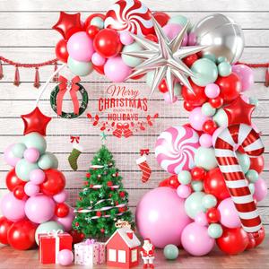 Christmas Balloon Garland Arch Kit, 107PCS Red Pink Green Balloons Arch with 4D Silver Balloon, Xmas Candy Cane Windmill Silver Explosion Star Foil Balloons for Christmas New Year Party Supply