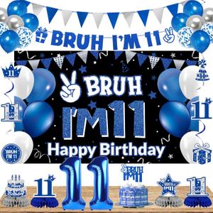 DARUNAXY 11th Birthday Party Decorations for Boys Girls, Blue Bruh Im 11 Banner, 11 Number Balloons & Cake Topper, Happy 11th BDAY 11 Years Old Birthday Honeycomb Hanging Swirls Party Supplies