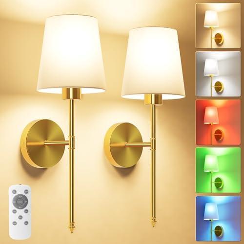 JOFIOS Battery Operated Wall Sconce Set of 2,Gold Wireless Wall Sconce with 5200mAh Dimmable Detachable Bulbs and Remote, 10 Colors Rechargeable Sconces Decor for Bedroom Living Room Hallway