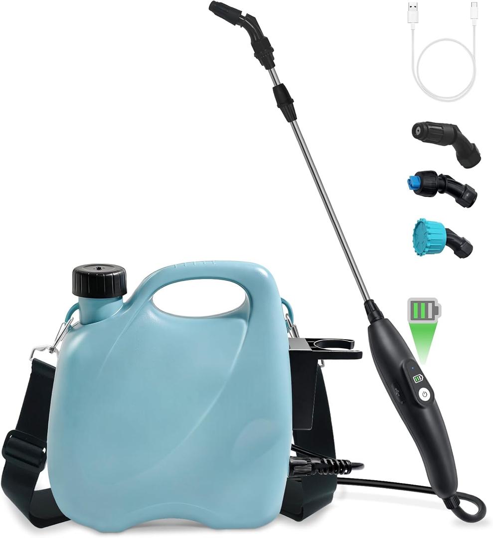Battery Powered Sprayer 1.35 Gallon, Electric Garden Sprayer in Lawn with 3 Mist Nozzles, Rechargeable Handle, Retractable Wand, Yard Pump Sprayers with Adjustable Shoulder Strap for Plants