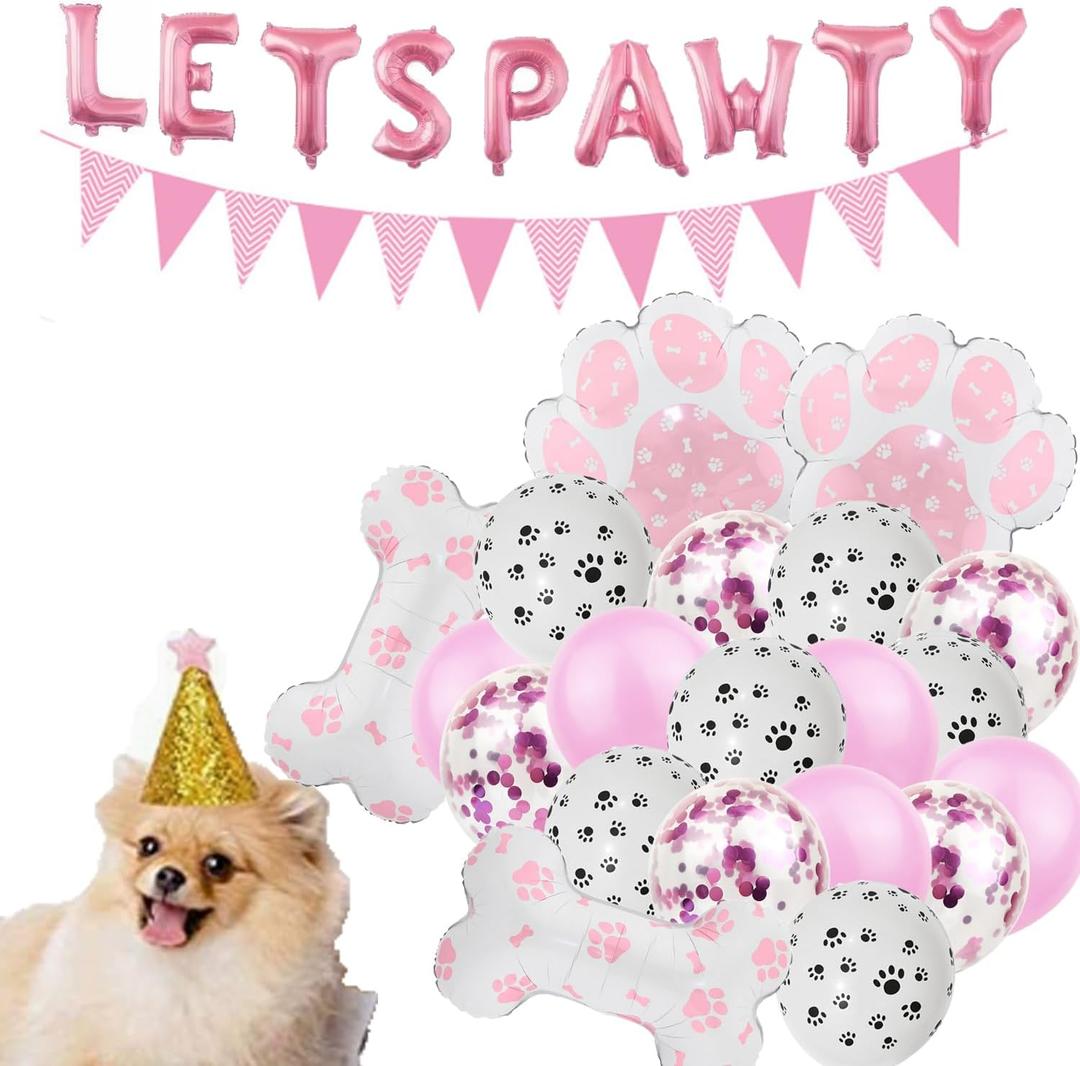 Dog Party Supplies Decorations Cute Dog triangle banner Birthday balloon Lets Pawty Birthday Pink Hat Dog Paw Balloons for Dog bone Party Decorations