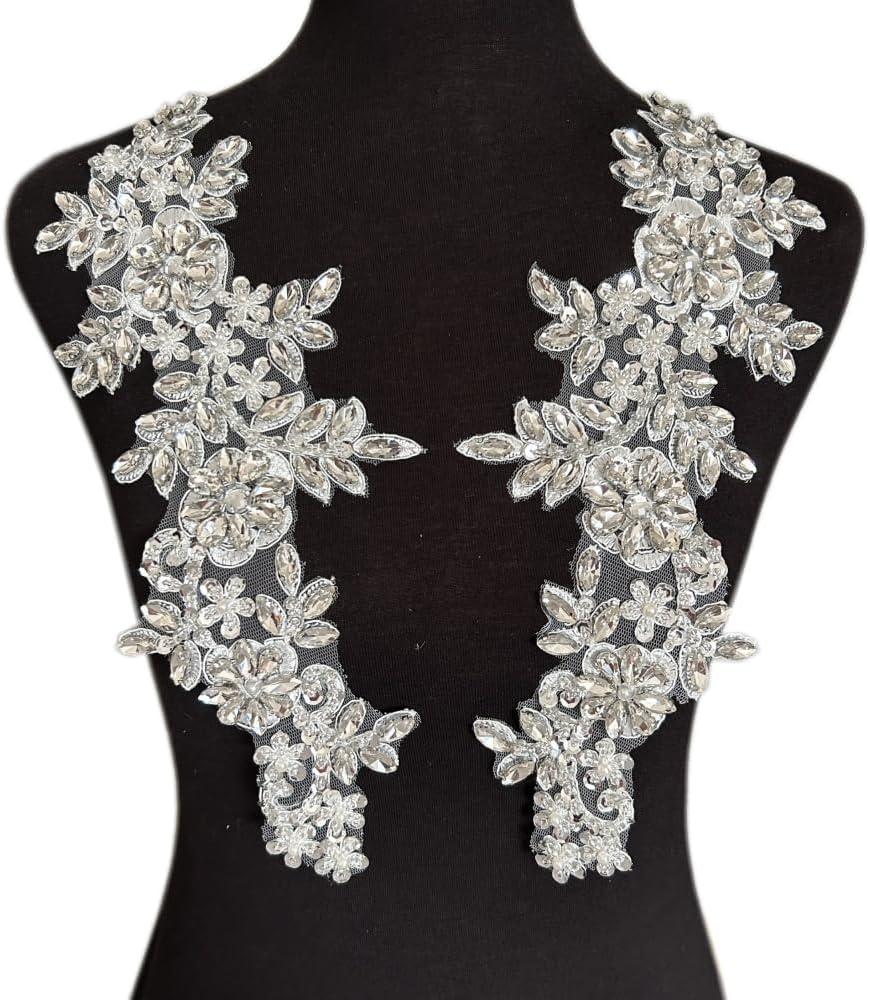 1 Pair Rhinestones Lace Applique Accessories Handsewing Glass Beads Stones Trim Patches for DIY Girl Wedding Dress Decorations (Silver White)