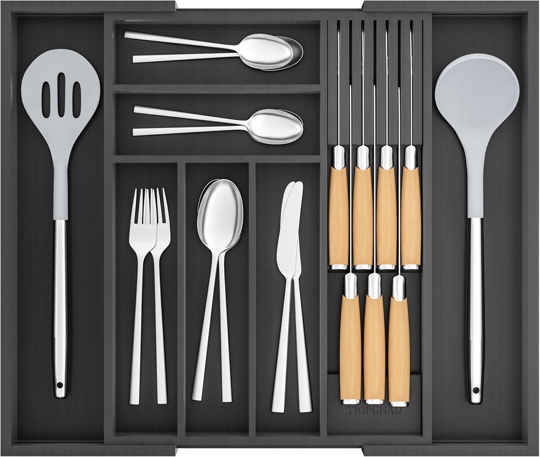 Bamboo-Silverware-Drawer-Organizer-Kitchen, Expandable Utensil Holder Cutlery Tray Flatware Organization Adjustable Wood Tableware Dividers Storage (with Removable Knife Block)(Black) (Large)