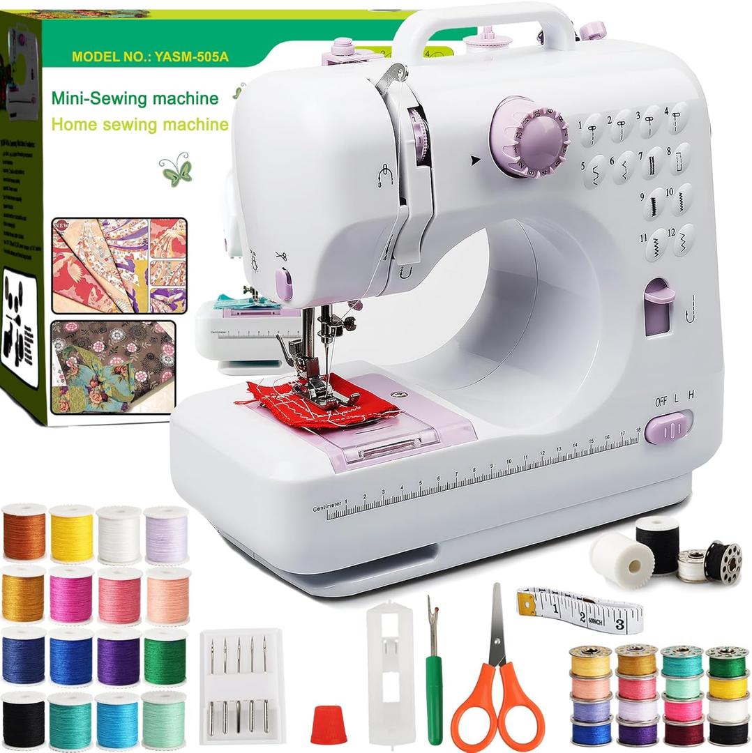 Beginner Sewing Machine for Home Crafting & Mending, 12 Multi-Function Stitches, 2-Speed Foot Pedal, Clear LED Light, 32-Color Thread Pack, Must-Have Sewing Supplies, Sewing Machine Table Fit