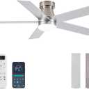Ceiling Fans with Lights and Remote Control, Brushed Nickel Flush Mount Ceiling Fan with Light 3-Color Dimmable, Memory for Lighting and Fan Reversible, 6-Speed, Timer, Indoor/Outdoor Use, 47 Inch