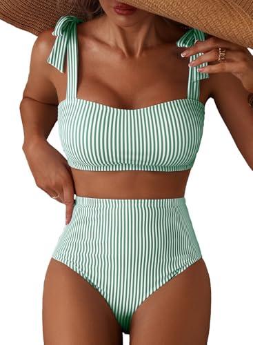 Herseas Women's Striped 2 Piece Bikini Sets Shoulder Strap Knot High Waisted Swimsuits Quick Dry Soft Bathing Suit High Elasticity Long Torso Swim Outfits X-Large Green Stripes