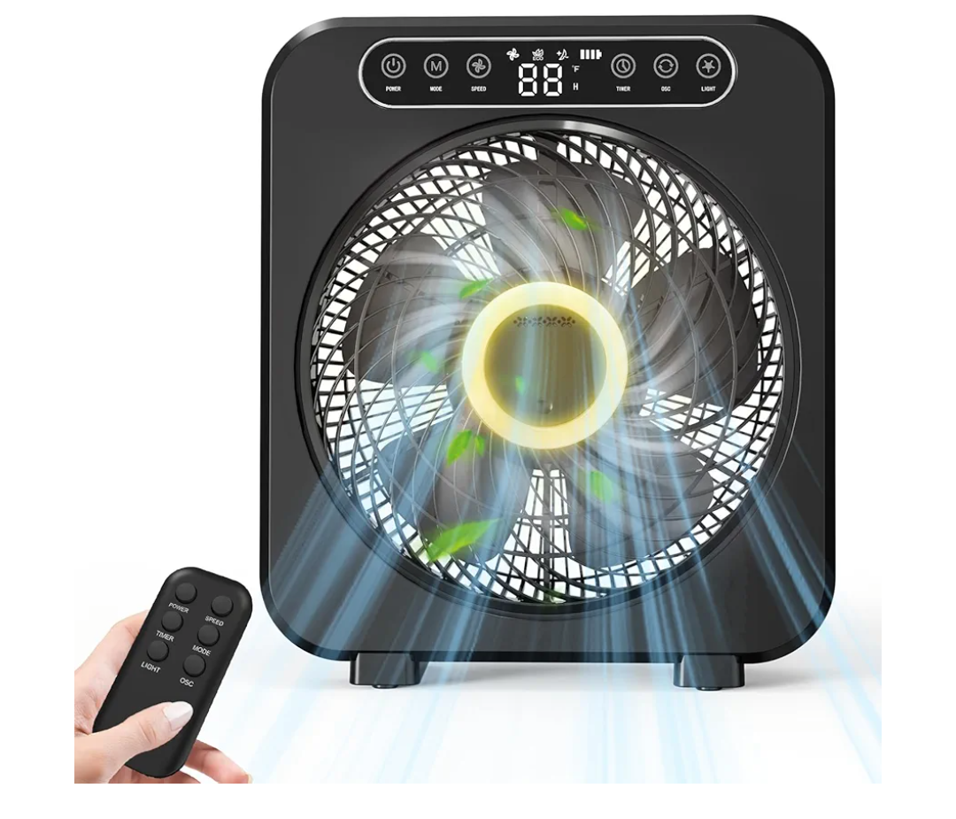 Table Fan, 9600mAh Rechargeable Box Fan, Quiet Running, Fast Cooling 10" Desk Table Fan with Remote, 6 Speeds, 3 Modes, Smart Temperature, Timer, Light, Washable - Bedroom Office Desktop Household