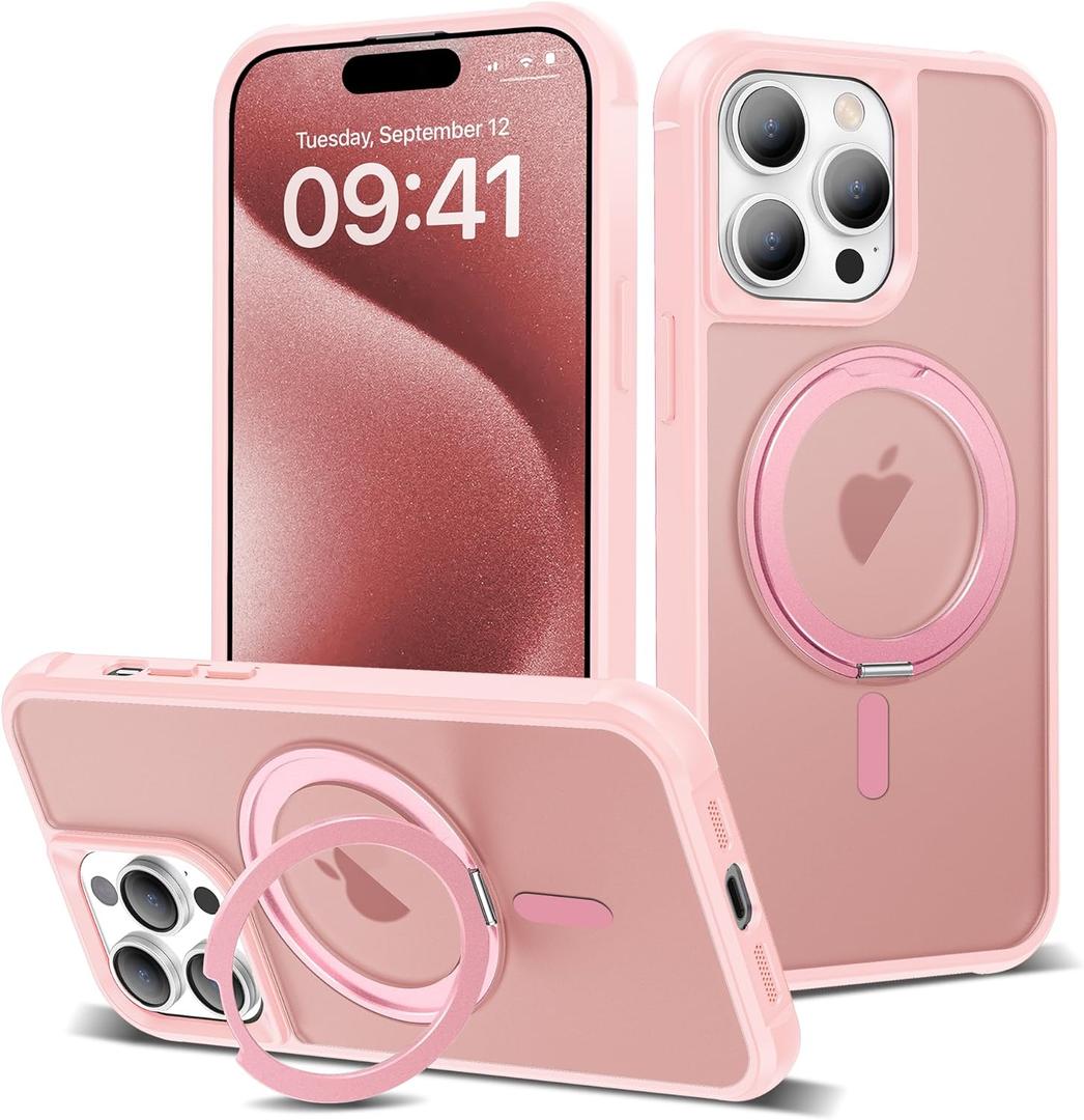 Designed for iPhone 15 Pro Max Case with 360 Rotatable Magnetic Ring Stand [Compatible Mag-Safe] [Military Grade Protection] Translucent Matte Phone Cases for Women Men 6.7'', Pink