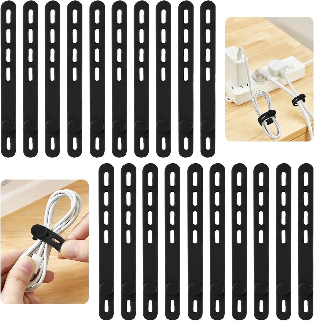 20 Pcs Black Silicone Cable Ties, Reusable Cable Straps Wire Organizer, Cable Management Cord Organizer for Fastening Earphone Phone Charger Home Office Desk Kitchen Appliances Cable Cords Wires