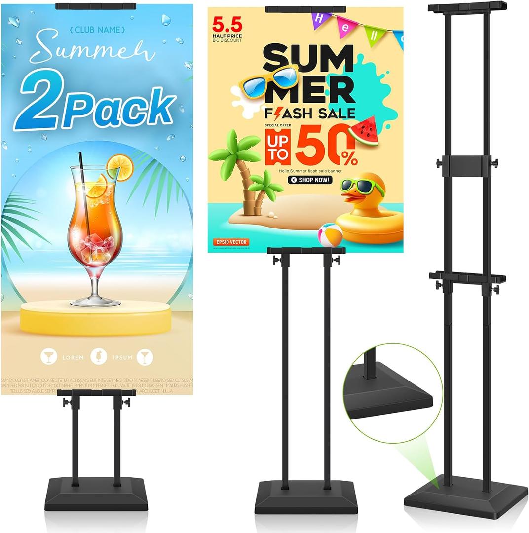2 Pack Heavy Duty Poster Stand for Display, Sign Board Holder Banner Floor Stand 0.8in Thick Strong Base Black Pedestal Adjustable Height Up to 75in for Wedding, Restaurant, Business