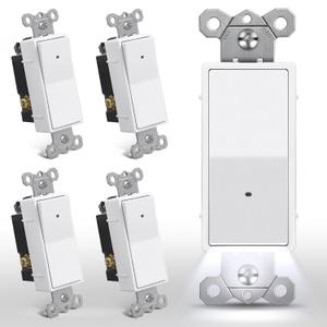 CML 3-Way Illuminated Light Switch, Decorator Rocker Wall Switch with LED Guide Night Light, 15A 120V Paddle Interrupter with Automatic On/Off Sensor, ETL Listed, White, 5 Pack