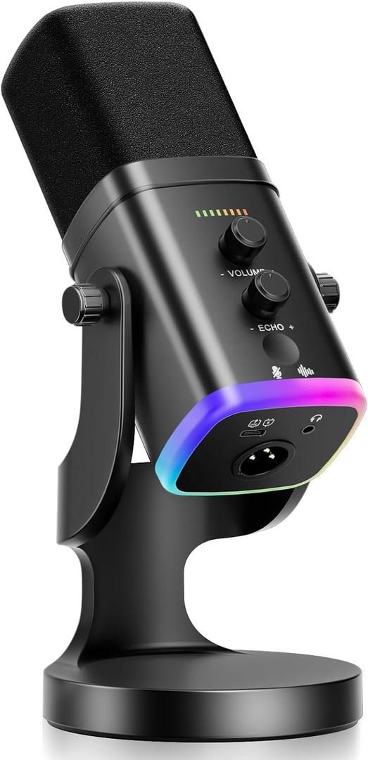 Facmogu XLR/USB Dynamic Microphone for Streaming Podcasting, YU8 RGB Light Gaming Streaming Mic with Desktop Stand, Gain Knob, Mute Button, Headphone Jack, PC Gamer Mic w/Echo Control for PS4/PS5