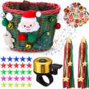 Christmas Bike Basket, Christmas Bike Basket Front Set Include Rattan Woven Bike Baskett with Bells Santa Plush Patterns, Xmas Stickers, Bike Bell, 2 Pcs Ribbons Tassels, Wheel Spoke Decoration (Green)