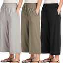 Real Essentials 3 Pack: Women's Ultra-Soft Wide Leg Loose Capri Open Bottom Pants - Yoga Lounge Pockets Small