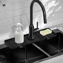 Meiliweser Silicone Faucet Mat for Kitchen Sink Gen 3 10 Slope Splash Guard with Cuttable Hole 14 x 5.5 Drip Catcher & Sponge Holder for Kitchen, Bathroom (Black)