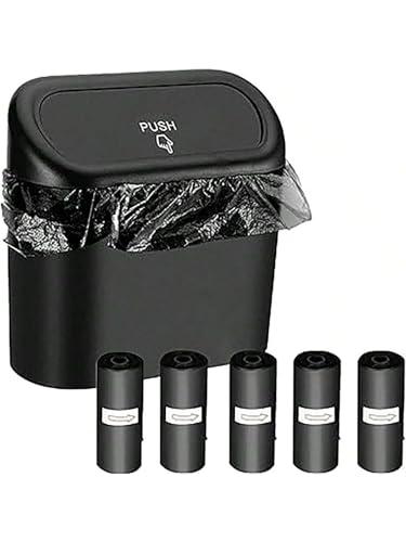 RAMMASUN Leak-Proof Mini Car Trash Can with Lid & 5 Packs of 150 Garbage Bags