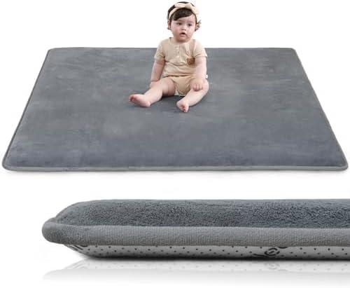 Huloo Sleep Baby Play Mat for Floor,1.3" Thick Elasti-Foam 50"×50" Playpen Mat for Tummy Time,Non-Toxic Certified Water Repellent Soft Coral Velvet for Toddler,Infant,Kids,Non-Slip Backing Safe for Crawling(Dark Grey)