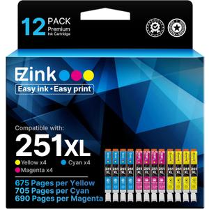 E-Z Ink Compatible Ink Cartridge Replacement for Canon CLI-251XL CLI 251 to use with PIXMA MX922 IP7220 MG5520 MG5420 IX6820 IP8720 MG7520 MG6320 Printer (4 Cyan, 4 Magenta, 4 Yellow, 12 Pack)