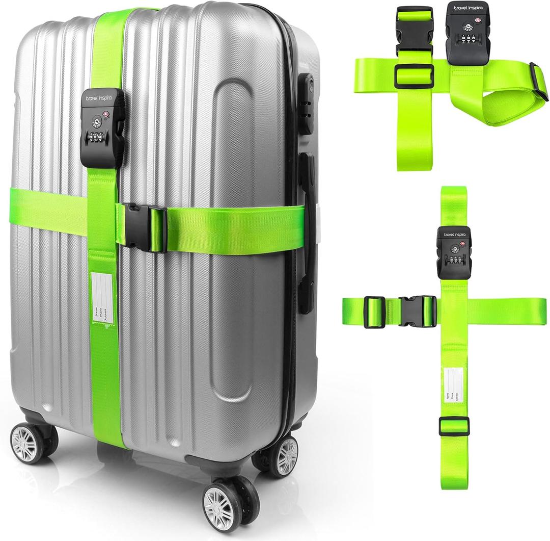 Luggage Straps with TSA Lock, Travel Belt for Luggage, TSA Approved Luggage Straps, 3-Dial Combination Locks Adjustable Suitcase Belt, Quick-Release Buckle (Green), 2 Pack
