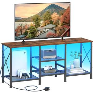 TV Stand with LED Lights for 55 Inch TV, Entertainment Center with 3-Tier Open Shelves, TV Console Table for Living Room, Bedroom, Rustic Brown